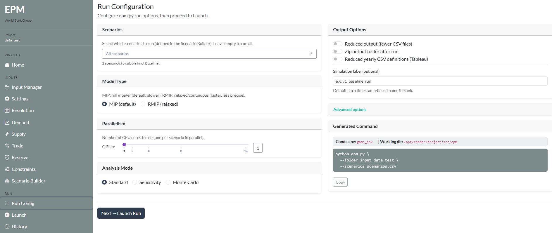 Dashboard run configuration